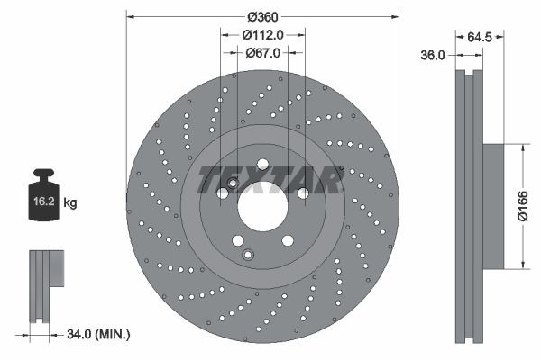 TEXTAR 92260305: Piduriketas Ø: 360mm, sisemine õhutus, perforeeritud, Ø: 360mm, kaetud, ilma rattakeskmeta, ilma rattalaagrita, ilma rattakinnituspoltideta PRO+
