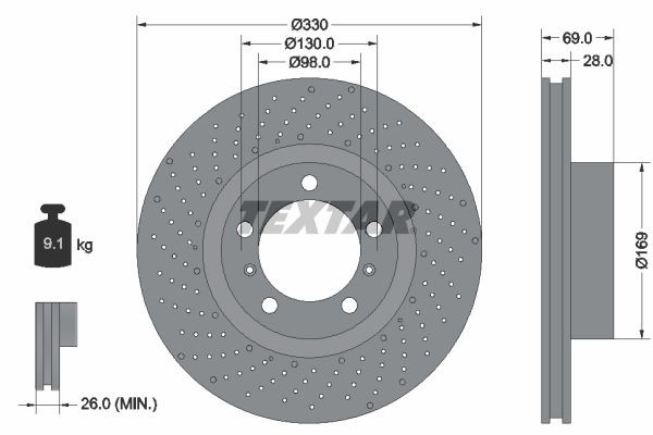 TEXTAR 92279605: Piduriketas Ø: 330mm, sisemine õhutus, perforeeritud, Ø: 330mm, kaetud, ilma rattakeskmeta, ilma rattalaagrita, ilma rattakinnituspoltideta PRO+