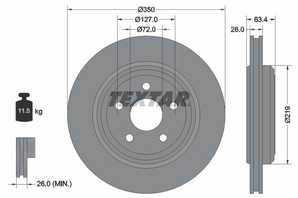 TEXTAR 92282003: Disc de frână Ř: 350mm, ventilat exterior, Ř: 350mm, acoperit (cu un strat protector), fara butuc roata, fara rulment roata, fara suruburi de fixare roata PRO