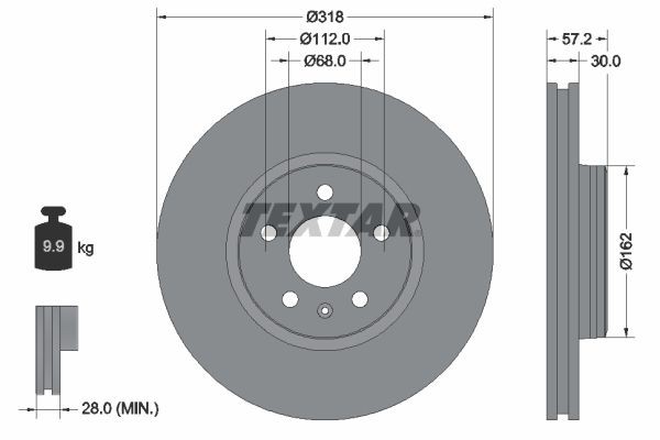 TEXTAR 92282705: Disc de frână Ř: 318mm, ventilat interior, Ř: 318mm, acoperit (cu un strat protector), fara butuc roata, fara rulment roata, fara suruburi de fixare roata PRO+