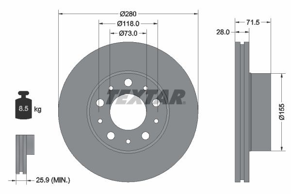 TEXTAR 92286103: Piduriketas Ø: 280mm, sisemine õhutus, Ø: 280mm, kaetud, ilma rattakeskmeta, ilma rattalaagrita, ilma rattakinnituspoltideta PRO