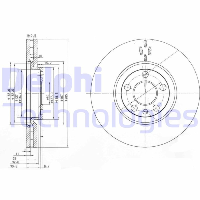 DELPHI BG3740C: Piduriketas Ø: 285mm, õhutusega, Ø: 285mm, kaetud
