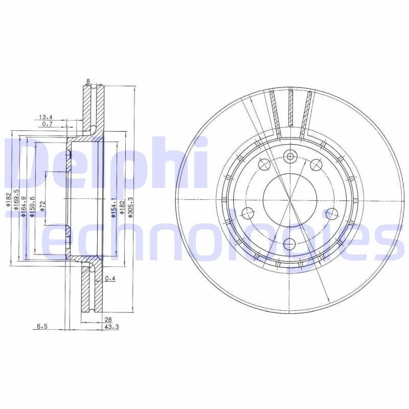 DELPHI BG3768C: Piduriketas Ø: 305mm, õhutusega, Ø: 305mm, kaetud