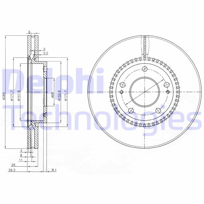 DELPHI BG3861C: Stabdžių diskas Ø: 280mm, ventiliuojama, Ø: 280mm, padengta