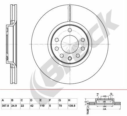 BRECK BR 371 VA100: Disc de frână Ř: 307,8mm, ventilat, Ř: 307,8mm, acoperit (cu un strat protector), cu suruburi de prindere roata, fara rulment roata