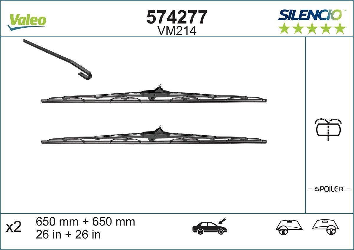 VALEO 574277: Ablaktörlő lapát elöl, 650mm, integrált mosófuvókával SILENCIO PERFORMANCE, SILENCIO CONVENTIONAL SET