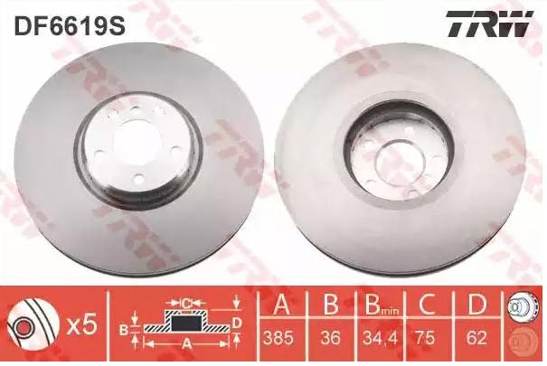 TRW DF6619S: Disc de frână TRW SINGLE Ř: 385mm, ventilat, disc de frână din două părți, Ř: 385mm
