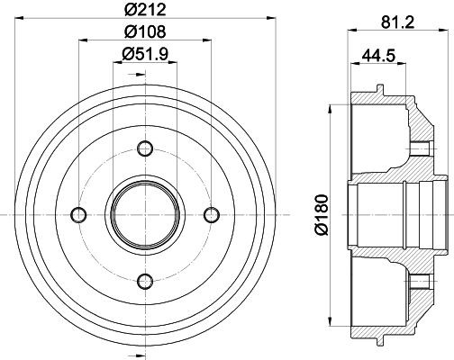MINTEX MBD025: Tambur frana 212mm, cu butuc roata, fara rulment roata, fara suruburi de fixare roata