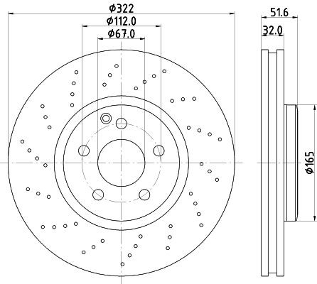 MINTEX MDC2705: Disco freno Ø: 322mm, ventilazione interna, forato, Ø: 322mm, senza mozzo portaruota, senza cuscinetto ruota, senza bullone fissaggio ruota