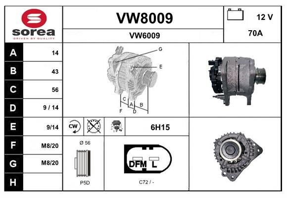 SNRA VW8009: Alternator 70A, cu regulator integrat