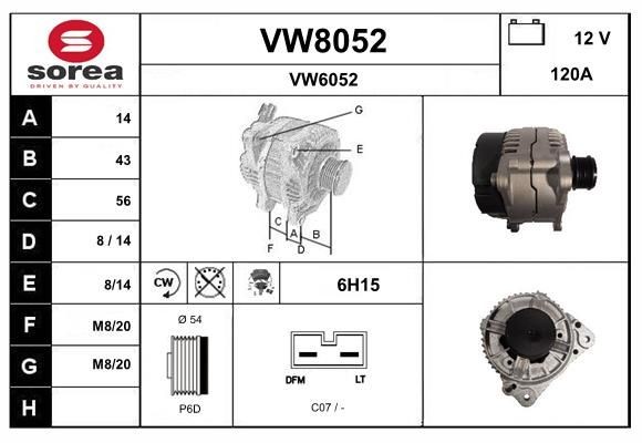 SNRA VW8052: Alternatore 120A, con regolatore integrato