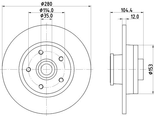 HELLA 8DD 355 125-281: Piduriketas PRO Tagasild, Ø: 280mm, täis, Ø: 280mm, teljemutriga, kaetud, koos ABS-andurirõngaga, koos rattalaagriga, koos rattakeskmega