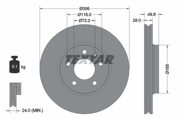 TEXTAR 92116005: Brzdový kotouč R: 306mm, vnější větrání, R: 306mm, nátěr, bez náboje kola, bez ložiska (kola), bez šroubů vozidlového kola PRO+