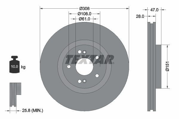 TEXTAR 92174005: Piduriketas Ø: 308mm, välisõhutus, Ø: 308mm, kaetud, ilma rattakeskmeta, ilma rattalaagrita, ilma rattakinnituspoltideta PRO+