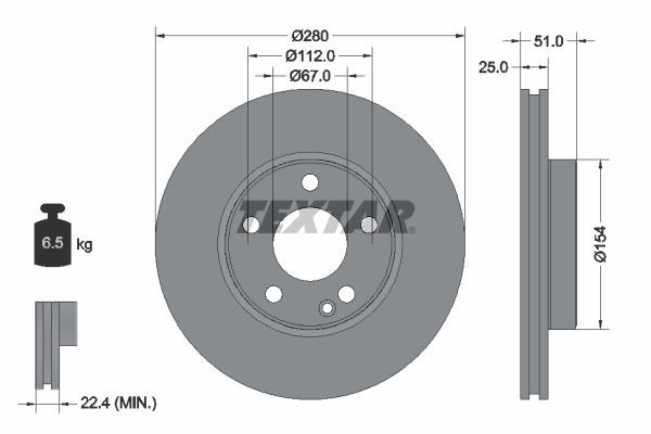 TEXTAR 92257005: Bromsskiva Ø: 280mm, ventilerad invändigt, Ø: 280mm, belagd, utan hjulvnav, utan hjullager, utan hjulbultar PRO+