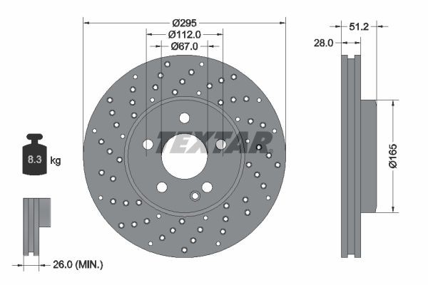 TEXTAR 92257505: Stabdžių diskas Ø: 295mm, vidinis ventiliavimas, perforuota, Ø: 295mm, padengta, be rato stebulės, be rato guolio, be rato tvirtinimo smeigių PRO+