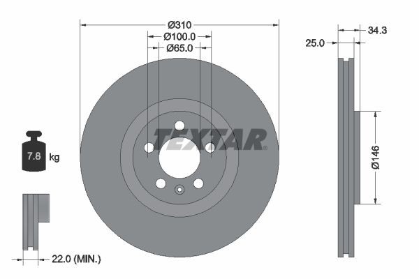 TEXTAR 92275905: Stabdžių diskas Ø: 310mm, vidinis ventiliavimas, Ø: 310mm, padengta, be rato stebulės, su rato guoliu, be rato tvirtinimo smeigių PRO+