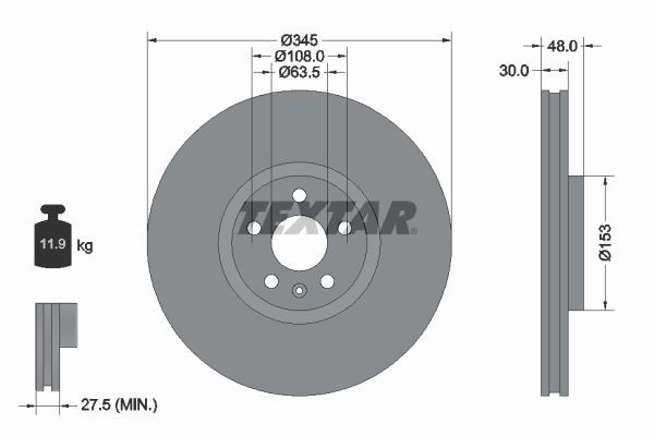 TEXTAR 92289805: Piduriketas PRO+ Ø: 345mm, sisemine õhutus, Ø: 345mm, kaetud, ilma rattakeskmeta, ilma rattalaagrita, ilma rattakinnituspoltideta