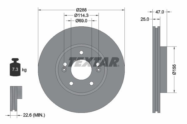TEXTAR 92290503: Disque de frein Ø: 288mm, ventilé de l'intérieur, Ø: 288mm, revêtu, sans moyeu de roue, sans roulement de roue, sans boulon de fix° de roue PRO