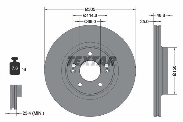 TEXTAR 92292203: Piduriketas PRO Ø: 305mm, sisemine õhutus, Ø: 305mm, kaetud, ilma rattakeskmeta, ilma rattalaagrita, ilma rattakinnituspoltideta