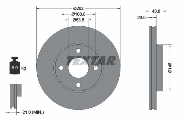 TEXTAR 92292703: Disc de frână PRO Ř: 262mm, ventilat interior, Ř: 262mm, acoperit (cu un strat protector), fara butuc roata, fara rulment roata, fara suruburi de fixare roata