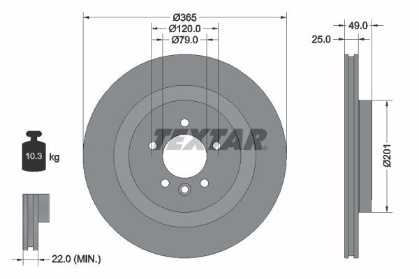 TEXTAR 92293003: Disque de frein PRO Ø: 365mm, ventilé de l'intérieur, Ø: 365mm, revêtu, sans moyeu de roue, sans roulement de roue, sans boulon de fix° de roue
