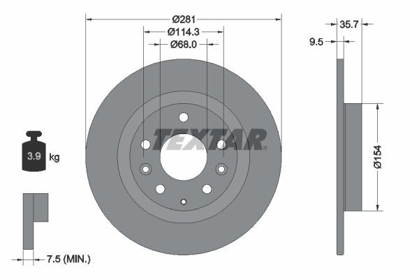 TEXTAR 92293703: Disc de frână Ř: 281mm, plin, Ř: 281mm, acoperit (cu un strat protector), fara butuc roata, fara rulment roata, fara suruburi de fixare roata PRO
