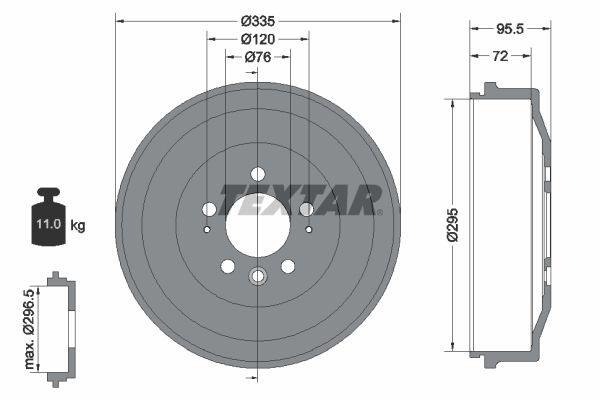 TEXTAR 94043900: Piduritrummel 335mm, ilma rattakeskmeta, ilma rattalaagrita, ilma rattakinnituspoltideta