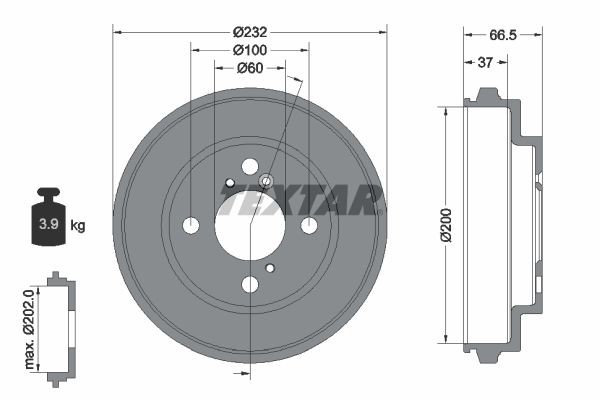 TEXTAR 94044300: Piduritrummel 232mm, ilma rattakeskmeta, ilma rattalaagrita, ilma rattakinnituspoltideta