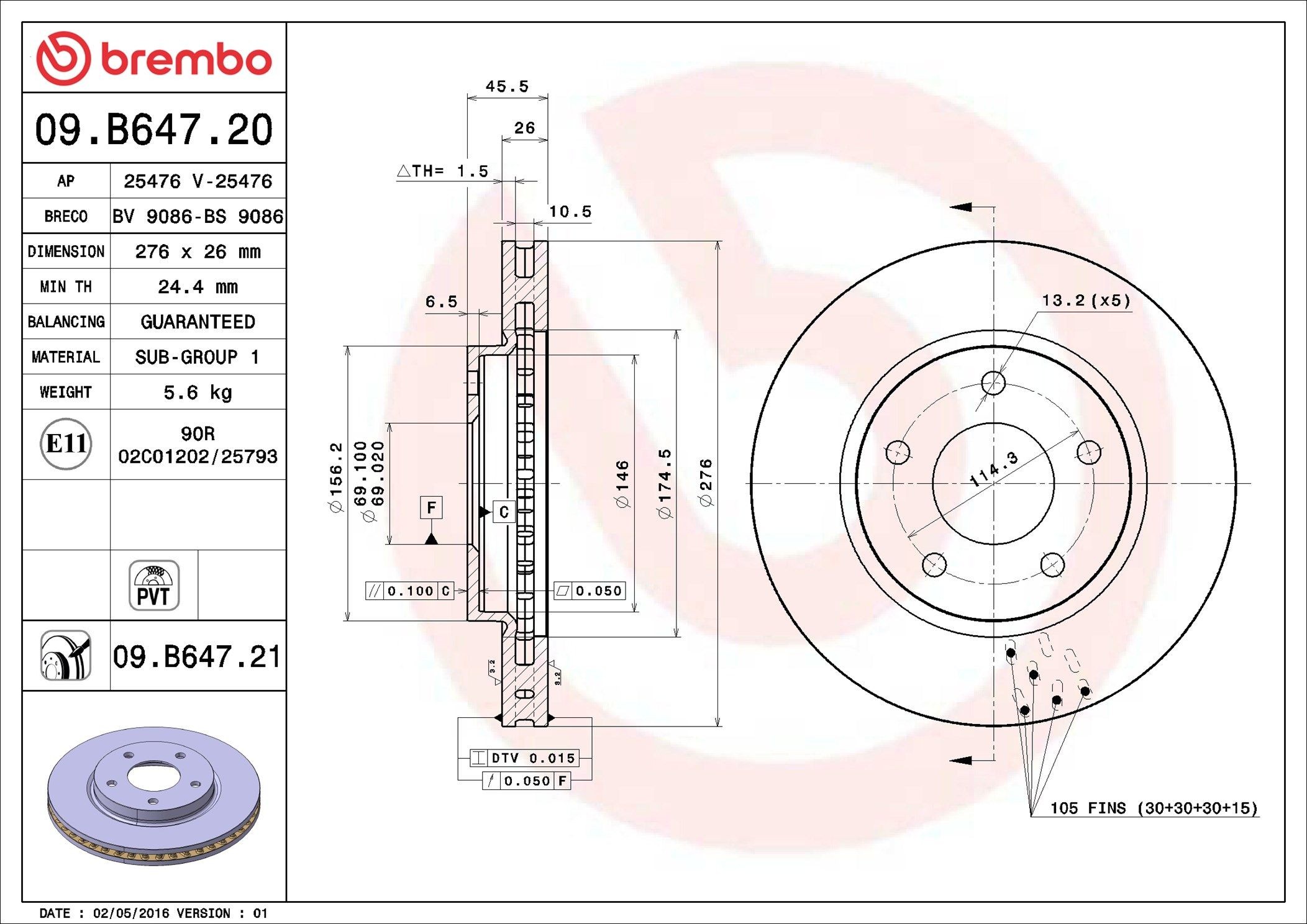 BREMBO 09.B647.21: Piduriketas Ø: 276mm, sisemine õhutus, Ø: 276mm, kaetud COATED DISC LINE