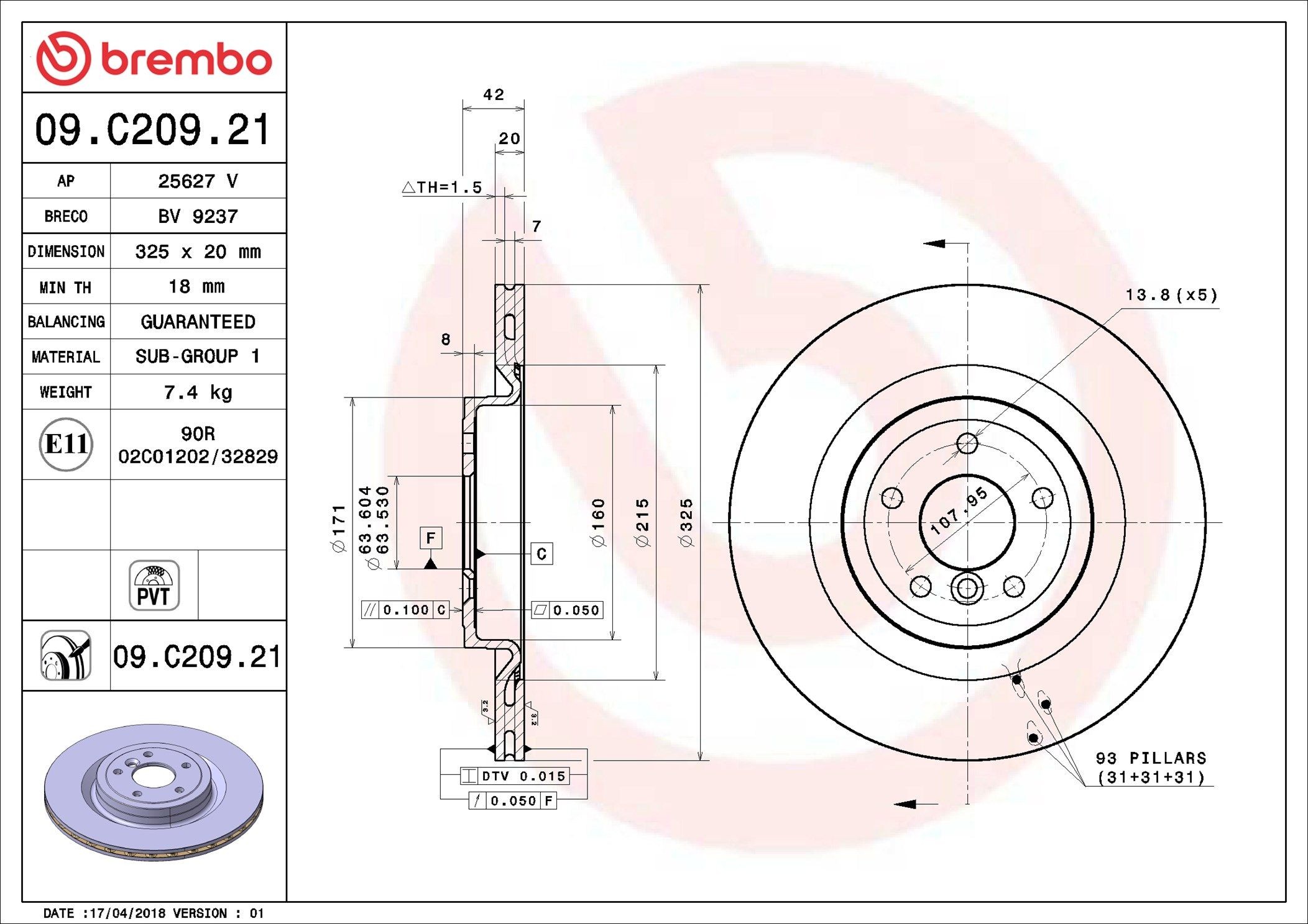 BREMBO 09.C209.21: Piduriketas Ø: 325mm, sisemine õhutus, Ø: 325mm, kaetud COATED DISC LINE