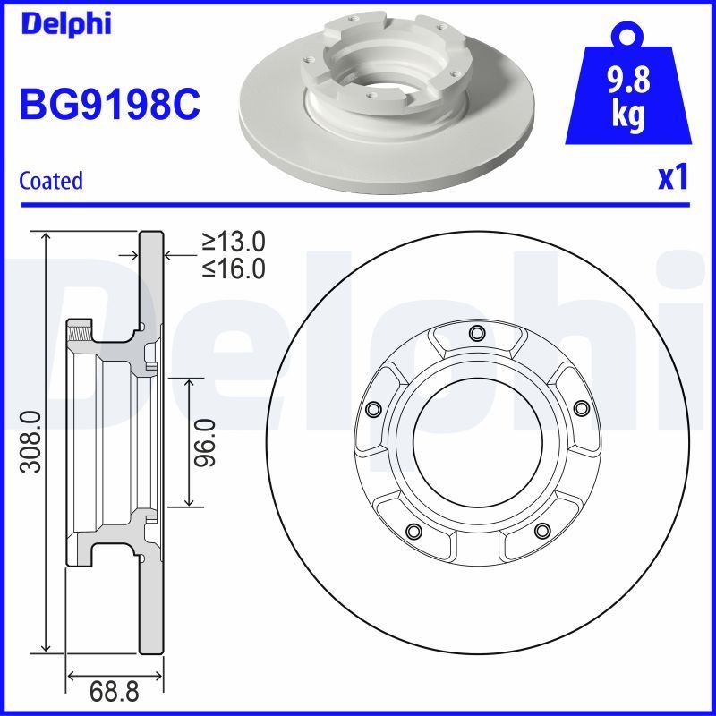 DELPHI BG9198C: Piduriketas Ø: 308mm, täis, Ø: 308mm, kaetud, koos ABS-andurirõngaga