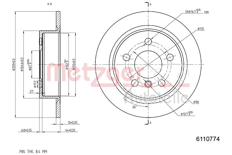 METZGER 6110774: Piduriketas Tagasild, Ø: 259mm, täis, Ø: 259mm, värvitud, Ristlihvimine