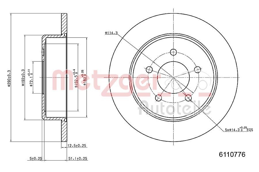 METZGER 6110776: Jarrulevy Taka-akseli, Ø: 290mm, täysi, Ø: 290mm, Lakattu, Ristiinhionta