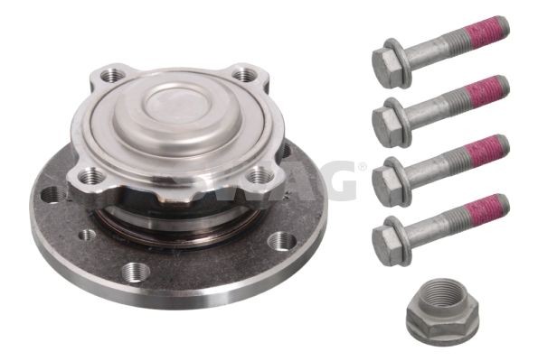 SWAG 11 10 2877: Set rulment roata Axa spate stanga, Axa spate dreapta, cu material de atașare/fixare, cu piuliță ax, Lagar roata integrat in butuc roata, cu butuc roata