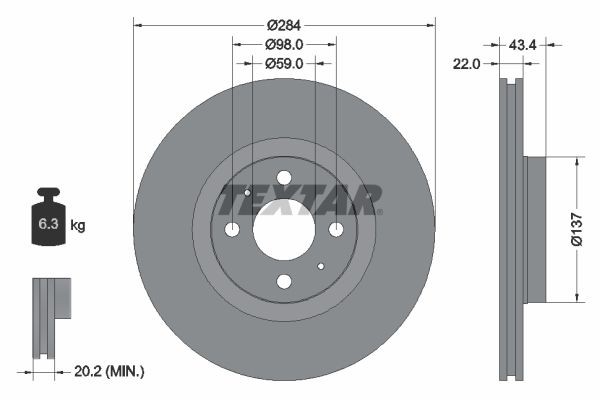 TEXTAR 92053500: Piduriketas Ø: 284mm, sisemine õhutus, Ø: 284mm, ilma rattakeskmeta, ilma rattalaagrita, ilma rattakinnituspoltideta