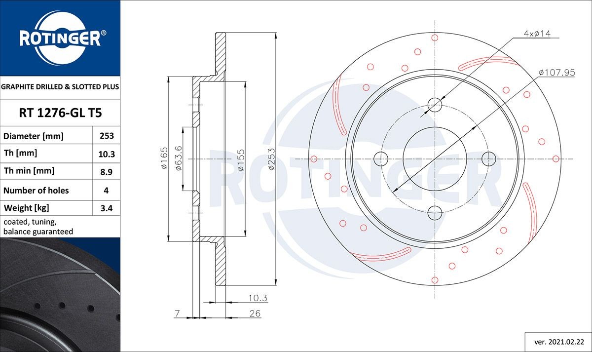 ROTINGER RT 1276-GL T5: Piduriketas GRAPHITE DRILLED & SLOTTED PLUS Tagasild, Ø: 252,6mm, täis, perforeeritud, Ø: 252,6mm, tsingitud