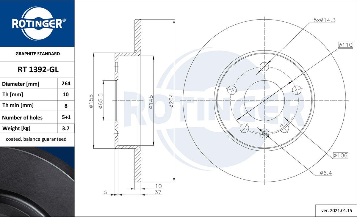 ROTINGER RT 1392-GL: Disco de travão GRAPHITE LINE Eixo traseiro, Ø: 264mm, cheio, Ø: 264mm, com revstimento galvânico