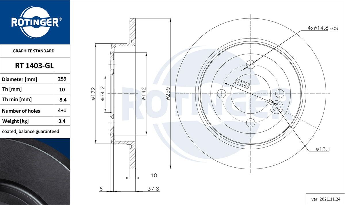 ROTINGER RT 1403-GL: Disco de freno GRAPHITE LINE Eje trasero, Ø: 258,7mm, macizo, Ø: 258,7mm, con revestimiento galvánico