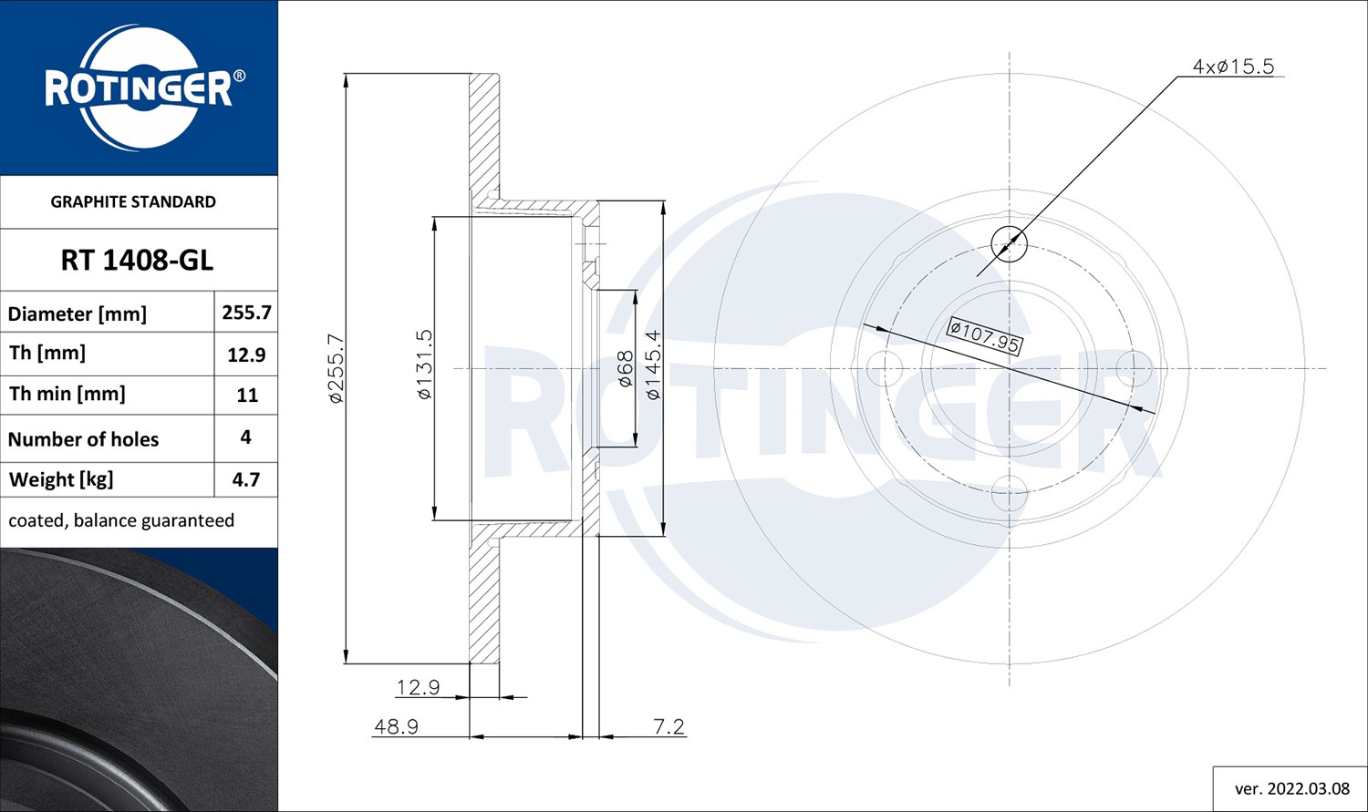 ROTINGER RT 1408-GL: Disc de frână GRAPHITE LINE punte fata, Ř: 256mm, plin, Ř: 256mm, acoperit galvanic