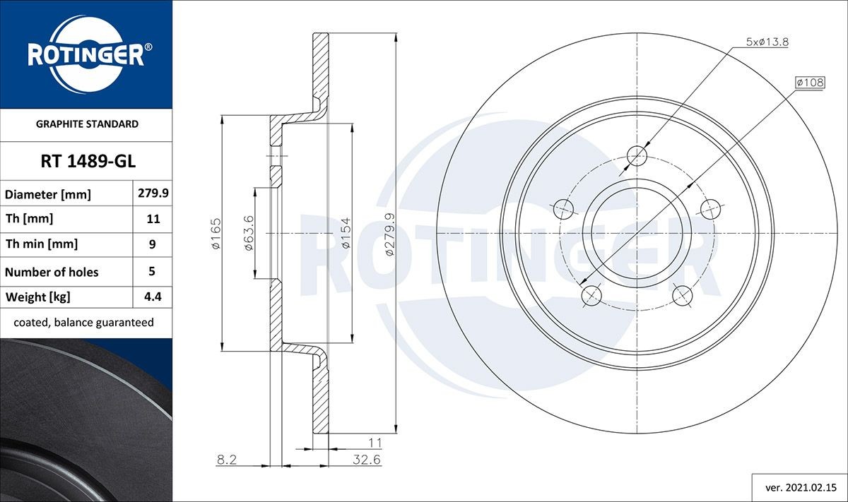 ROTINGER RT 1489-GL: Piduriketas GRAPHITE LINE Tagasild, Ø: 279,9mm, täis, Ø: 279,9mm, tsingitud