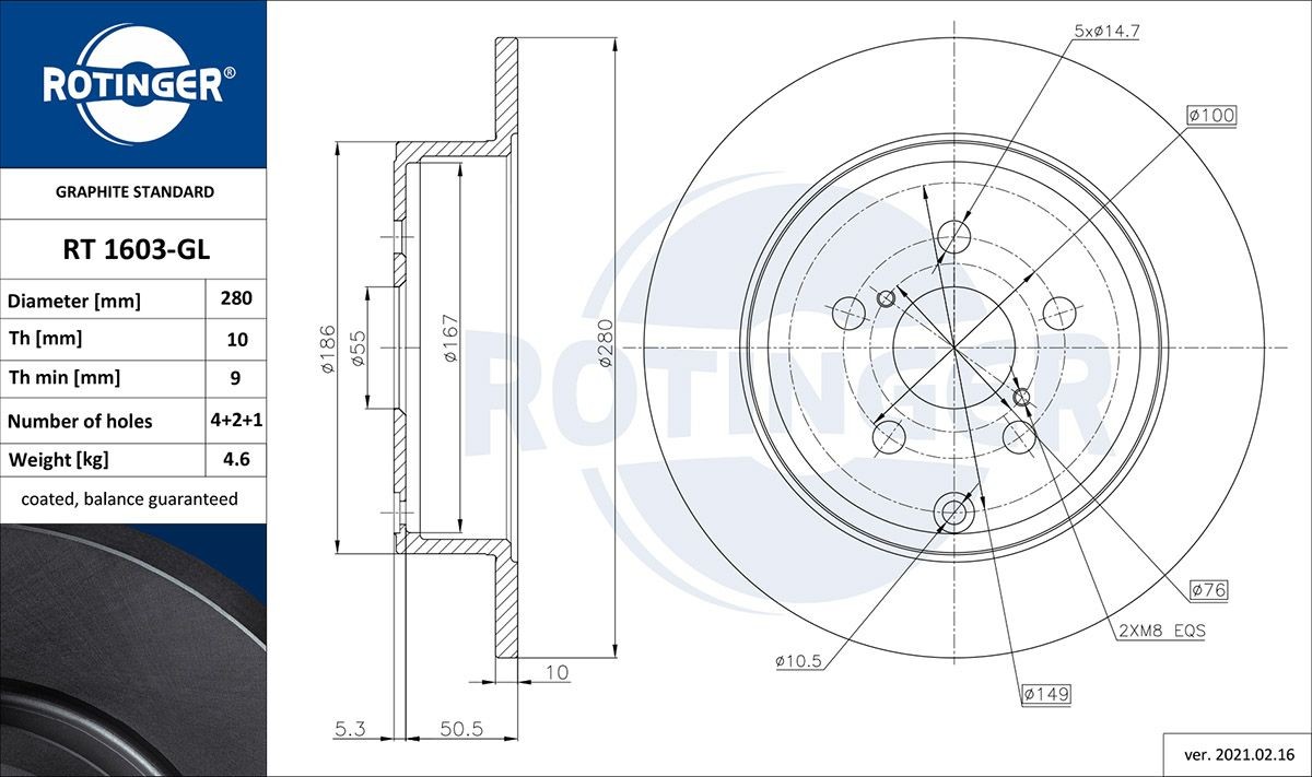 ROTINGER RT 1603-GL: Brzdový kotouč GRAPHITE LINE Zadní náprava, R: 280mm, plný, R: 280mm, galvanizováno