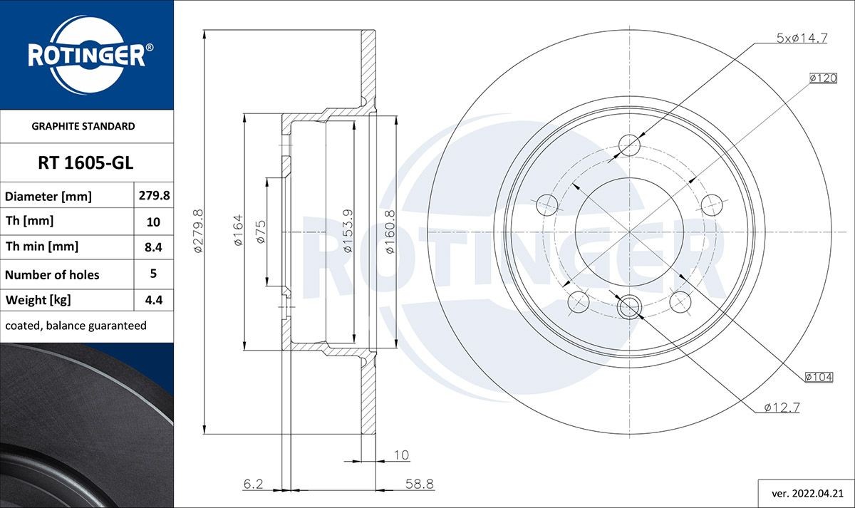 ROTINGER RT 1605-GL: Jarrulevy GRAPHITE LINE Taka-akseli, Ø: 279,8mm, täysi, Ø: 279,8mm, Galvaaninen pinnoite