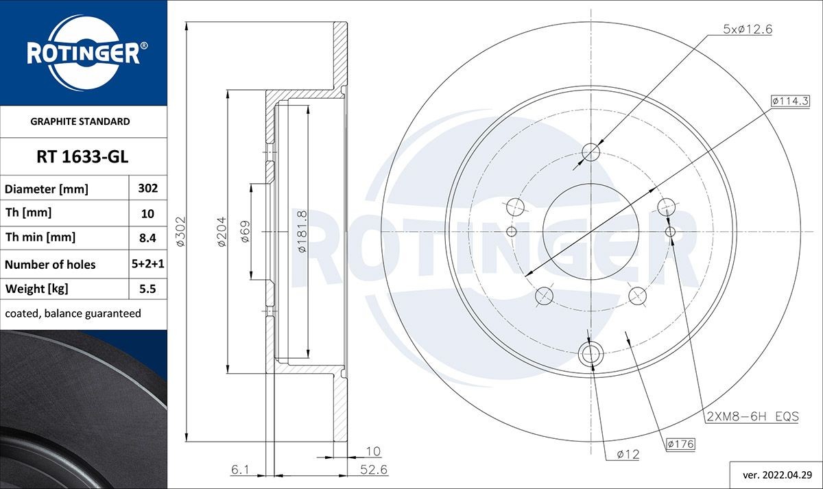 ROTINGER RT 1633-GL: Disque de frein GRAPHITE LINE Essieu arrière, Ø: 302mm, plein, Ø: 302mm, revêtu galvanisé