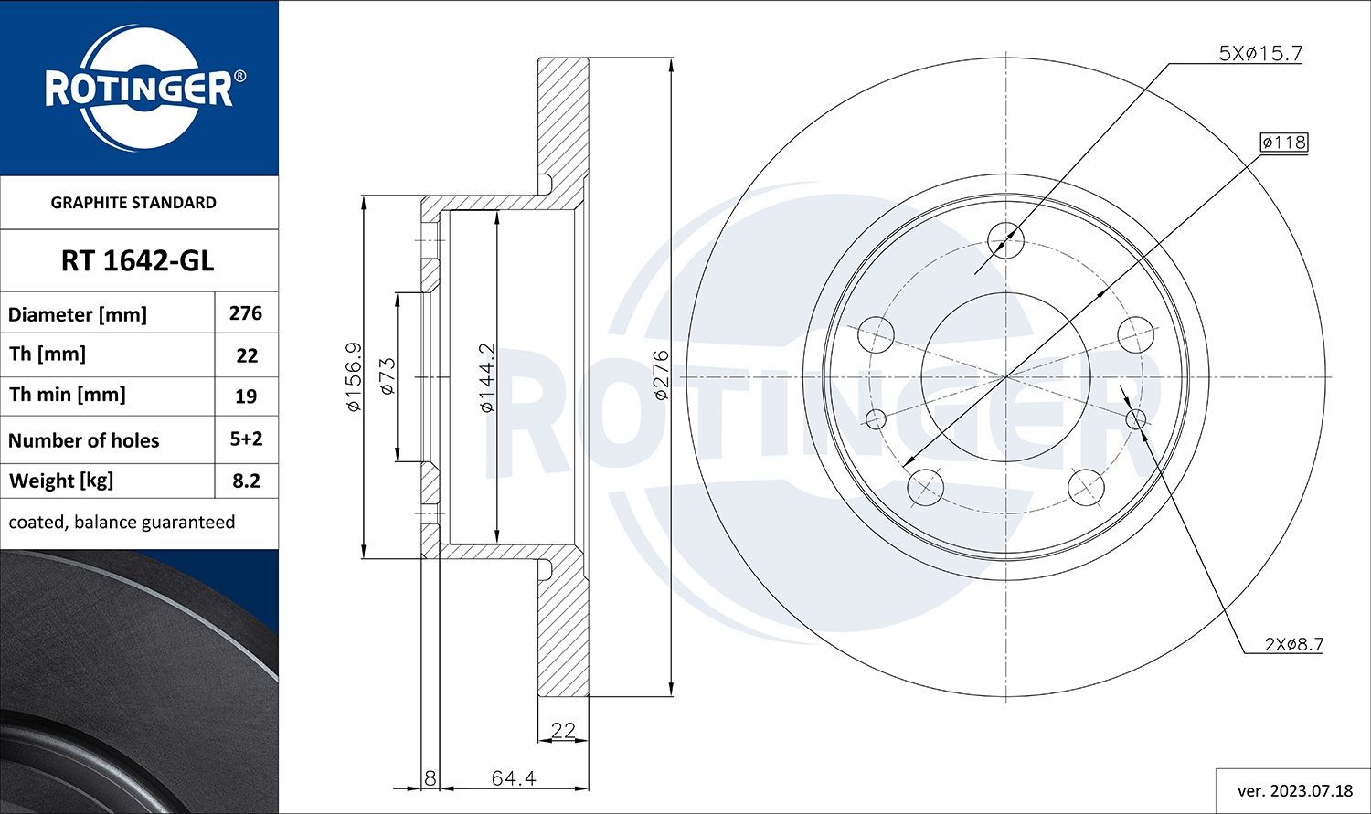 ROTINGER RT 1642-GL: Disc de frână GRAPHITE LINE punte fata, Ř: 276mm, plin, Ř: 276mm, acoperit galvanic