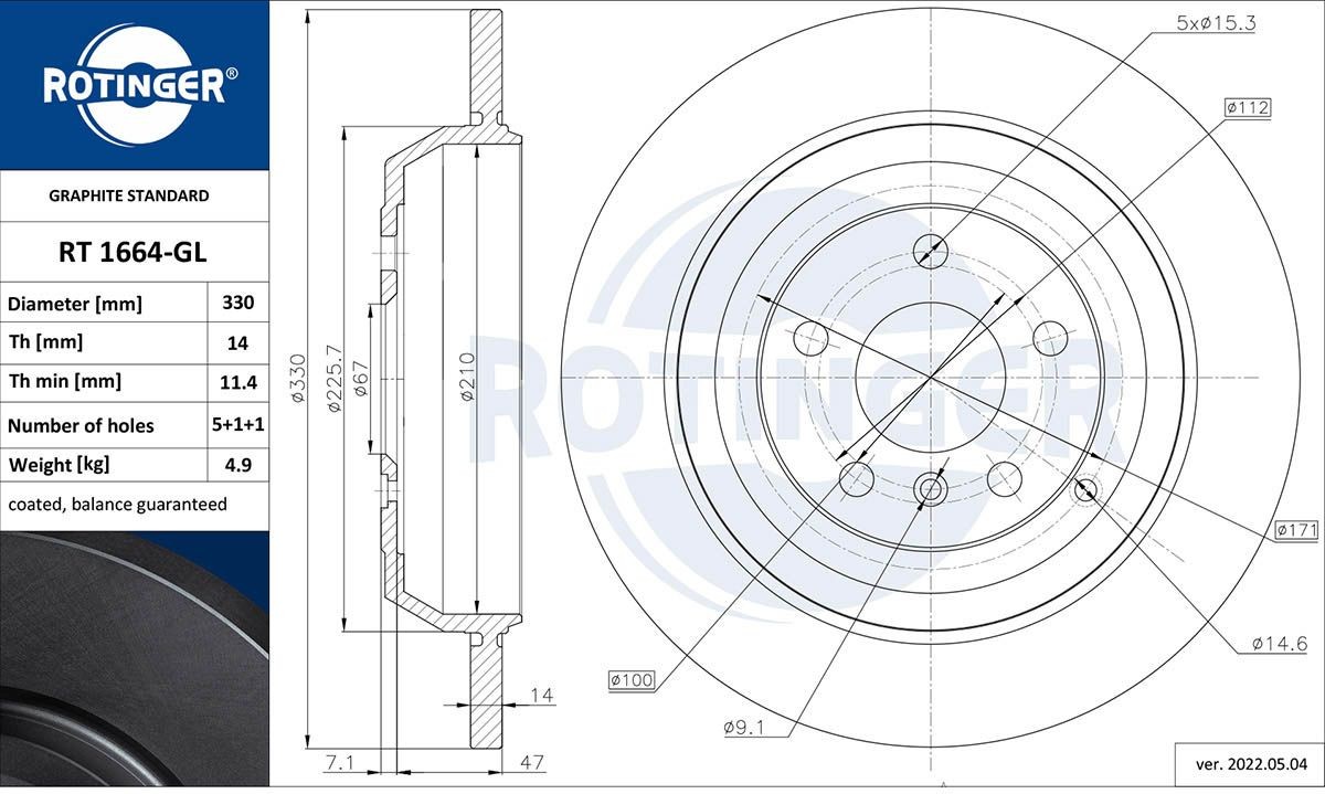 ROTINGER RT 1664-GL: Disque de frein GRAPHITE LINE Essieu arrière, Ø: 330mm, plein, Ø: 330mm, revêtu galvanisé