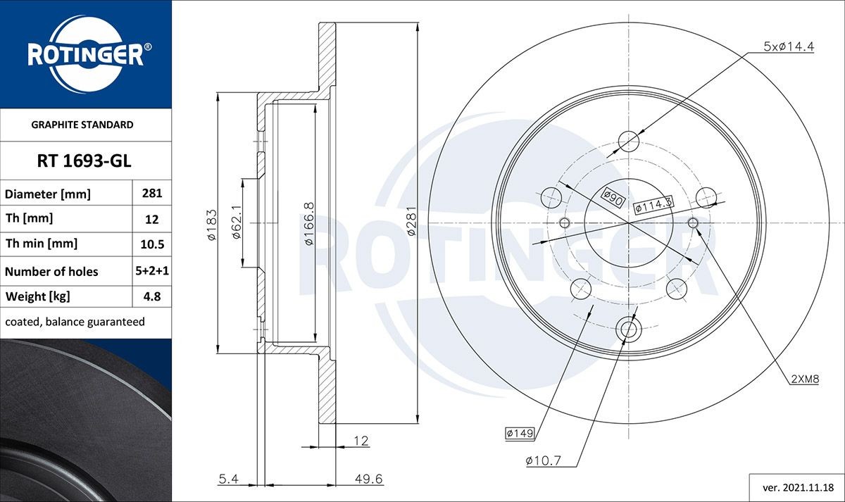 ROTINGER RT 1693-GL: Brzdový kotúč GRAPHITE LINE Zadna naprava, Ø: 281mm, plný, Ø: 281mm, galvanicky upravené