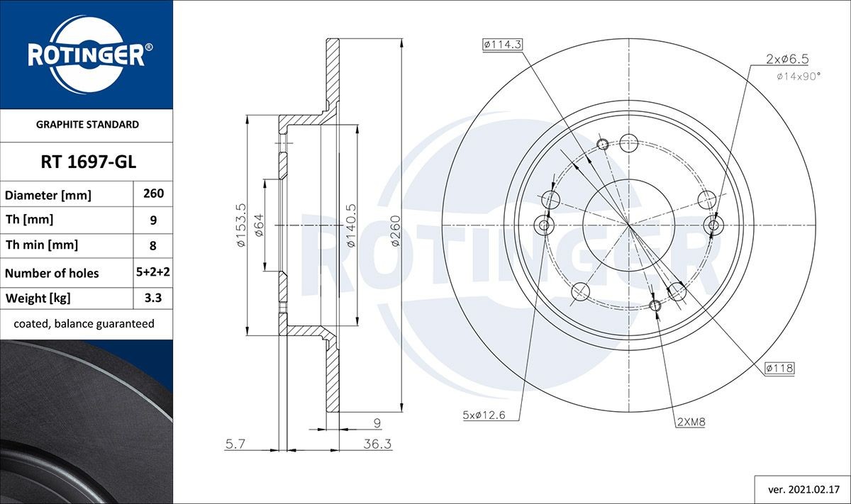 ROTINGER RT 1697-GL: Brzdový kotúč GRAPHITE LINE Zadna naprava, Ø: 260mm, plný, Ø: 260mm, galvanicky upravené