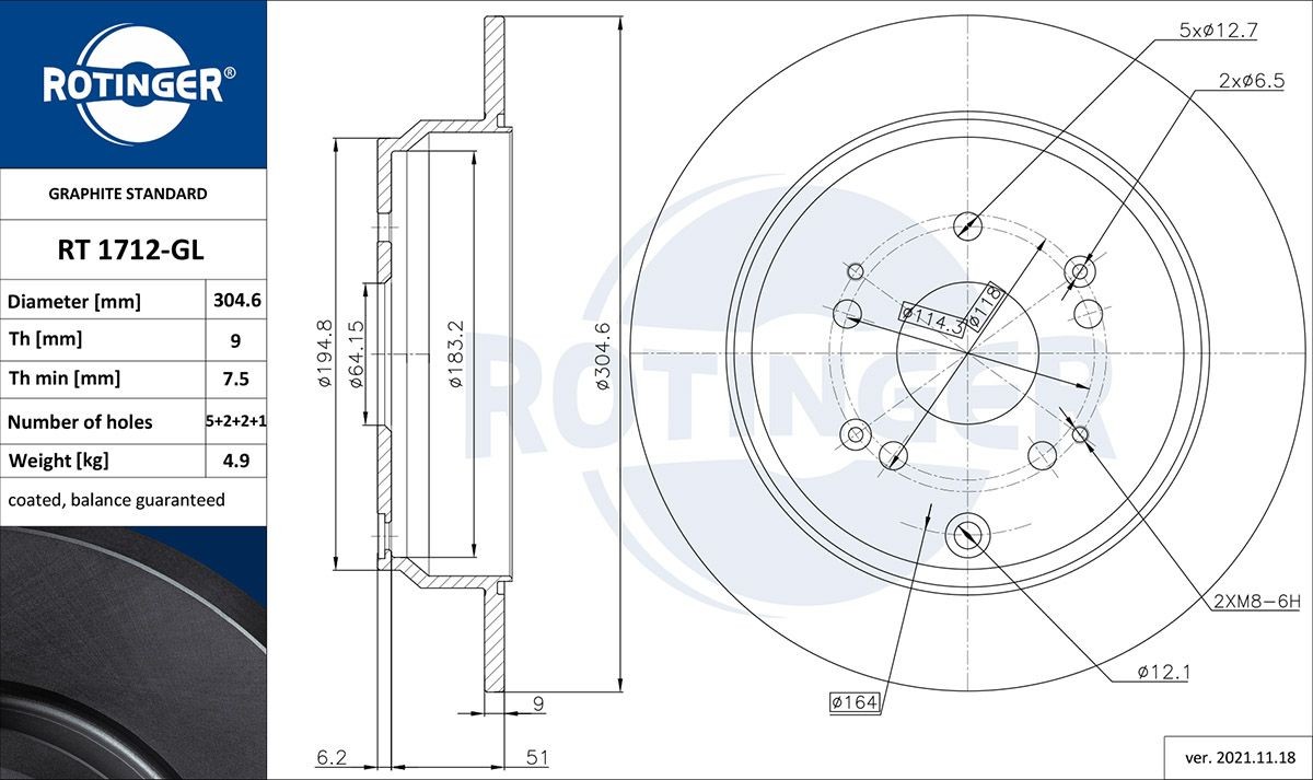 ROTINGER RT 1712-GL: Disque de frein GRAPHITE LINE Essieu arrière, Ø: 304,6mm, plein, Ø: 304,6mm, revêtu galvanisé