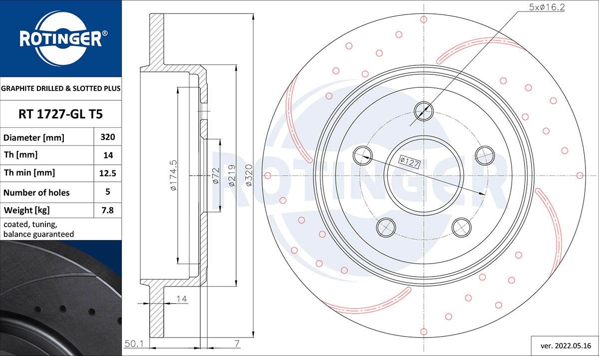 ROTINGER RT 1727-GL T5: Piduriketas GRAPHITE DRILLED & SLOTTED PLUS Tagasild, Ø: 320mm, täis, perforeeritud, Ø: 320mm, tsingitud